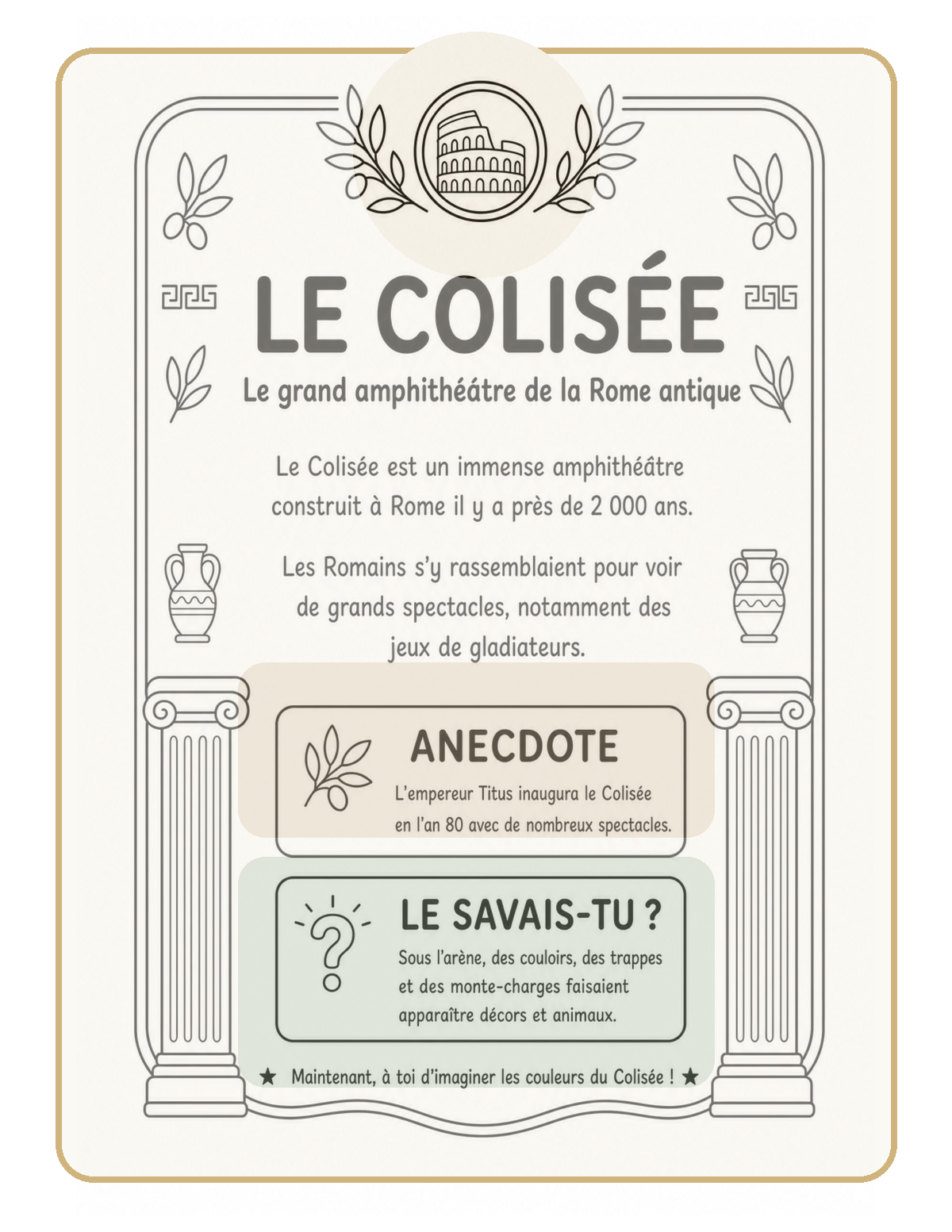 Fiche de découverte du Colisée mise en scène avec la palette colorée Mamie Jo