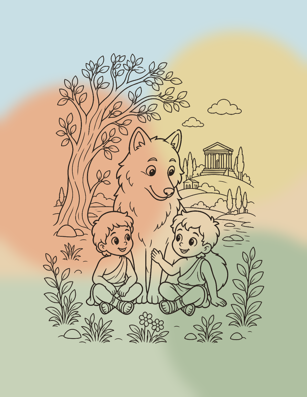 Illustration colorisée de Romulus et Rémus avec la louve